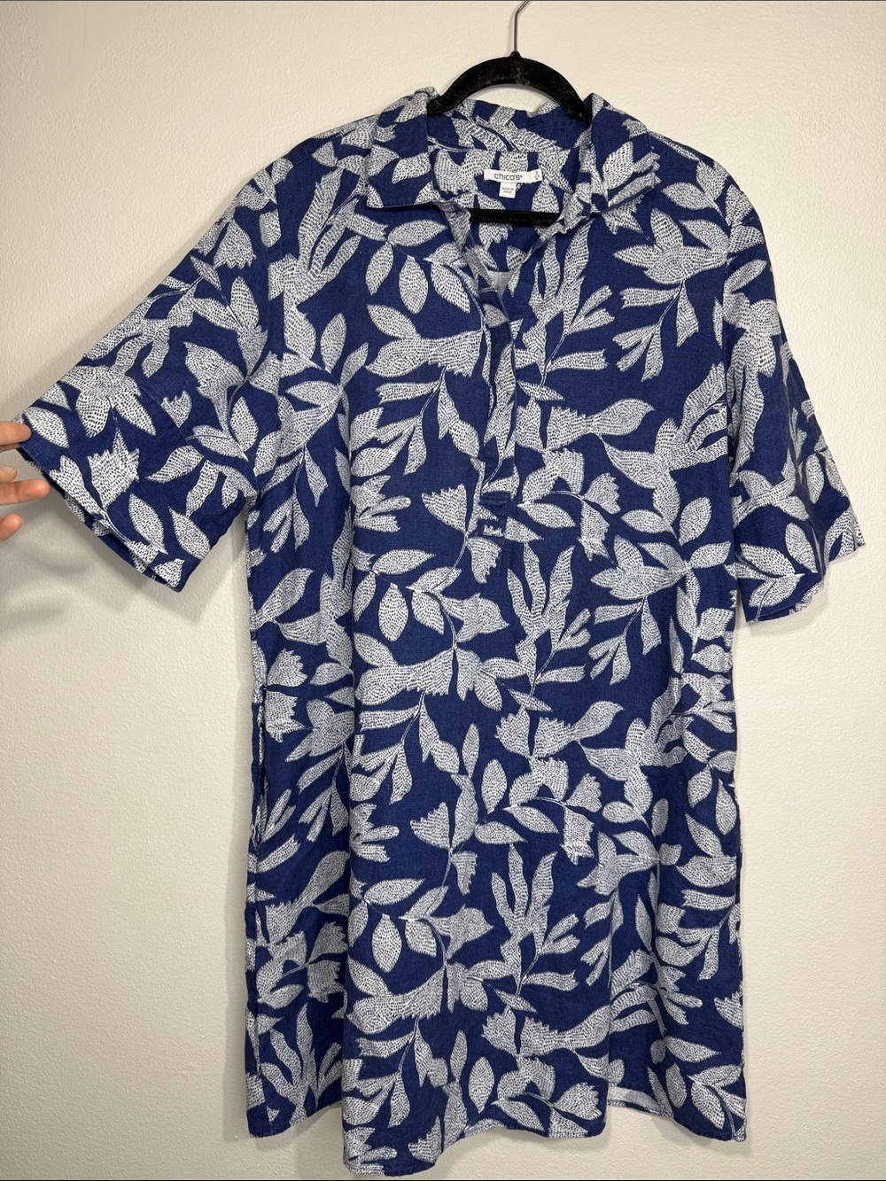 Chicos Navy Blue White Linen Botanical Leaf Print Shirt Dress Size 3 /US 16